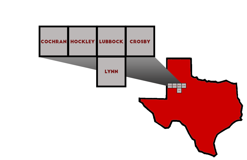 Service Area Red outline of Texas with a pointer on Lubbock County