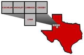 Map of Texas showing service region counties